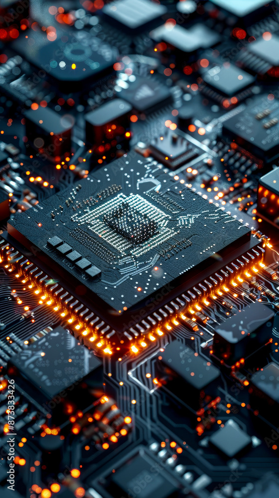 Poster futuristic information technology concept with data flowing from cpu across a microchip on high-tech