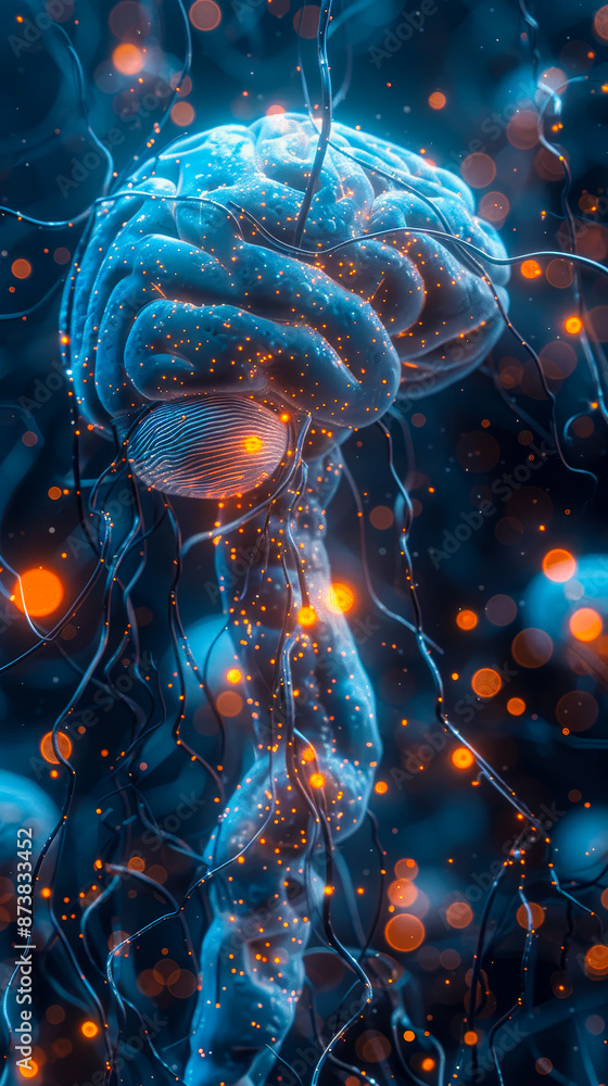 Poster futuristic bioluminescent neural network connecting brain to ai: direct neural interface concept wit
