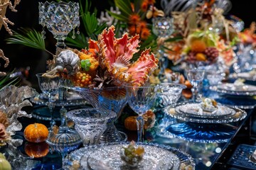 A table adorned with numerous glass dishes creating an extravagant display, An extravagant display of fine dining