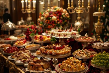 A buffet table overflowing with a variety of dishes, from appetizers to desserts, ready to be enjoyed by guests, An extravagant display of fine dining