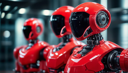 Obraz premium Android robots. Three red robots. Sky-Fi robots are ready to actively act