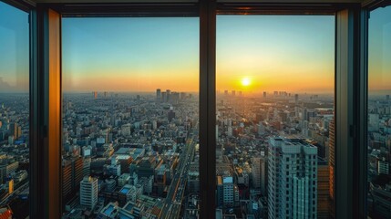 A panoramic view from an apartment window during the golden hour, where the whole city seems to...