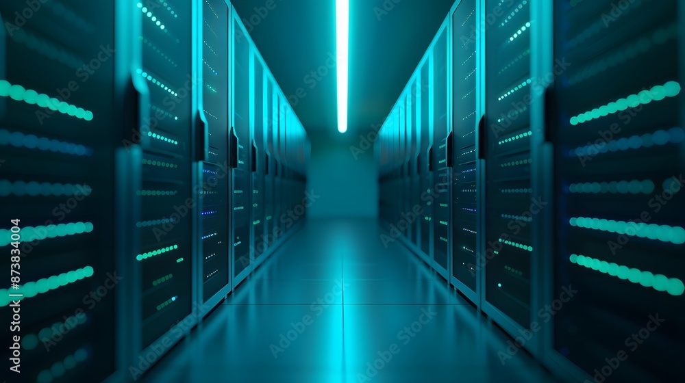 Poster modern data center server room with glowing blue lights, illustrating advanced technology and cloud 