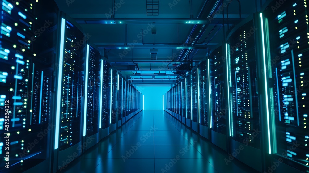Poster modern data center with advanced technology and endless rows of servers illuminated by blue lights.