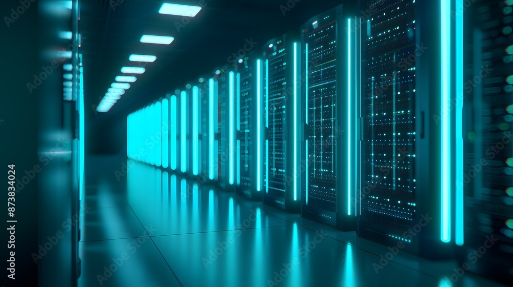 Poster modern data center with glowing server racks. high-tech environment showcasing advanced computing te