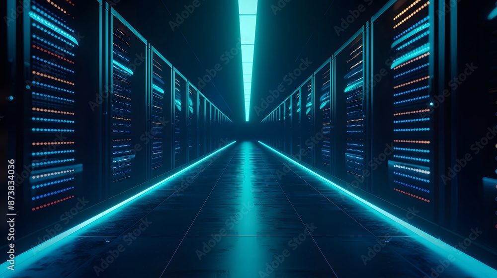 Poster modern data center with glowing servers, advanced technology, and neon lights creating a futuristic 