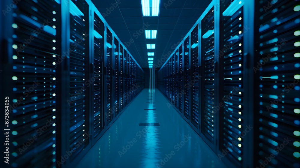 Poster Modern data center with rows of network servers in blue lighting, showcasing advanced technology and high-speed data processing.