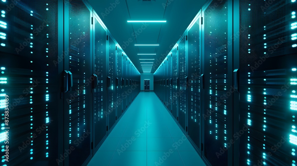 Poster modern data center with rows of server racks illuminated by blue lights, showcasing advanced technol