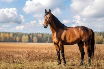 A brown horse stands proudly on top of a dry grass field, An image of a majestic horse standing proudly in a field