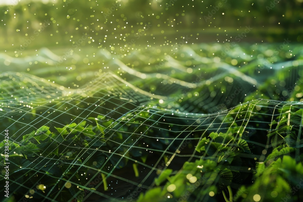 Poster a vibrant green field filled with numerous flourishing plants under the sunlight, an imaginative vis