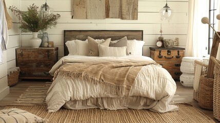 Farmhouse bedroom style blends rustic charm with modern comfort, featuring shiplap walls, distressed wood furniture, and cozy textiles for a warm and inviting ambiance.