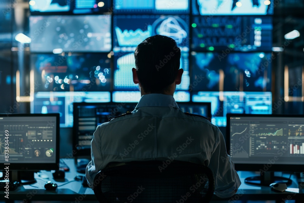 Poster an incident response manager sits in front of several computer monitors, coordinating a response, an