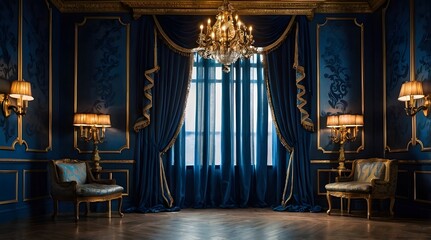 Luxury Interior Design with Blue Velvet Curtains and Golden Accents