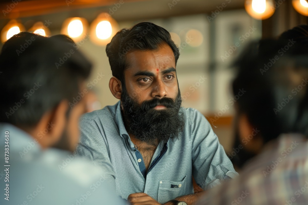 Poster indian man with beard engaged in a project discussion at a table, an indian man with a beard discuss