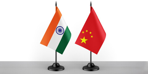 Image of the table flag of India and China countries. White background, close-up flags.	