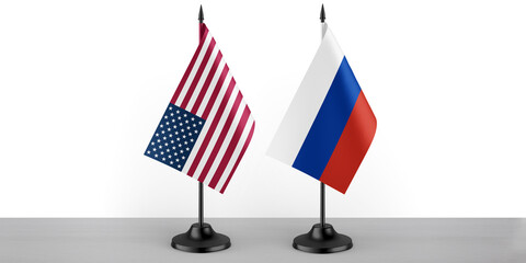 Image of the table flag of United States of America and Russia countries. White background,...