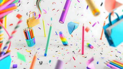 Colorful school supplies abstract background. School and education concept. Top view, flat lay.