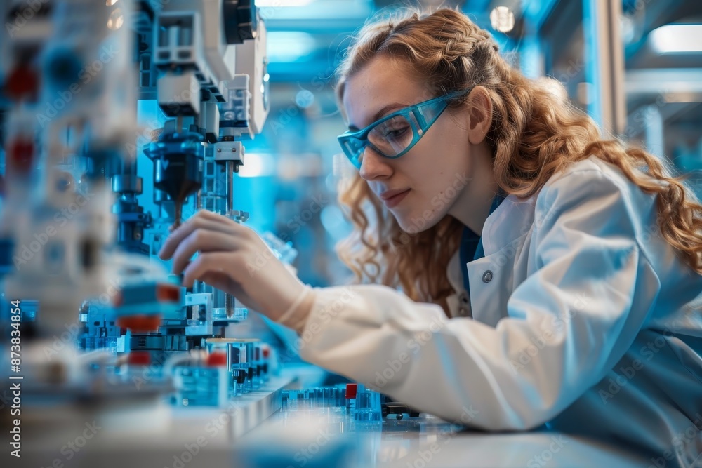 Poster an industrial engineer in a lab coat works on a machine in a manufacturing facility, an industrial e