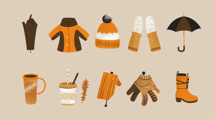 Autumn and Winter Icon Set with Hats, Gloves, Boots, and Hot Drinks