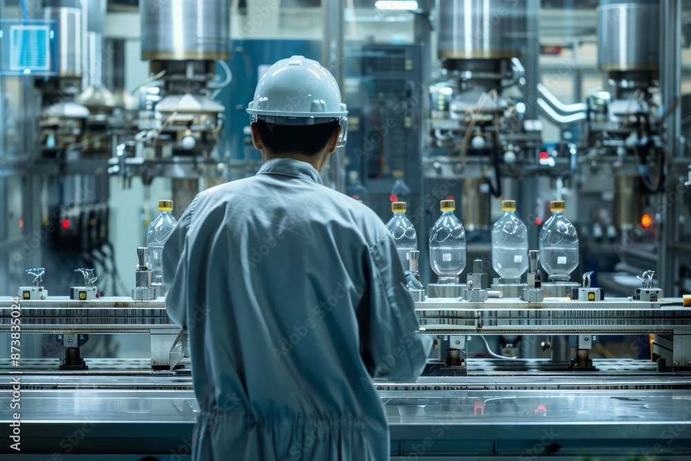 Poster a man standing in front of a machine filled with bottles, monitoring operations, an industry enginee