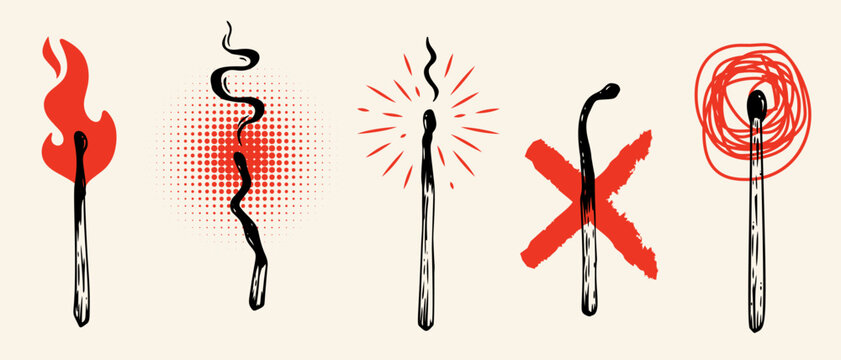 Set of matches with abstract red elements. Collection design elements in modern grunge style.