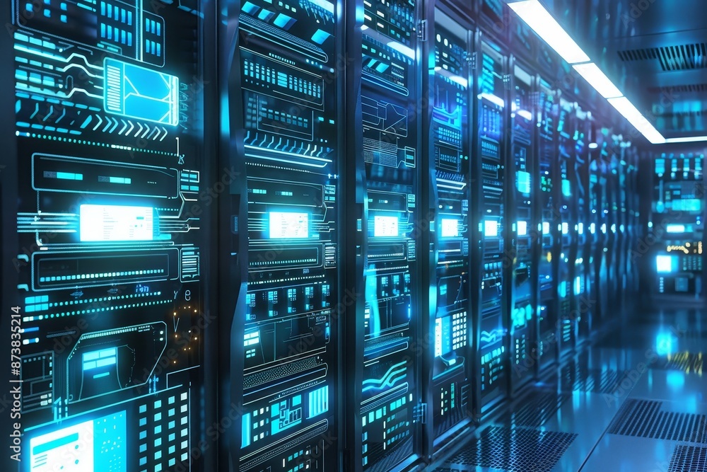 Poster a large server room filled with numerous computers and technology equipment, an innovative computer 