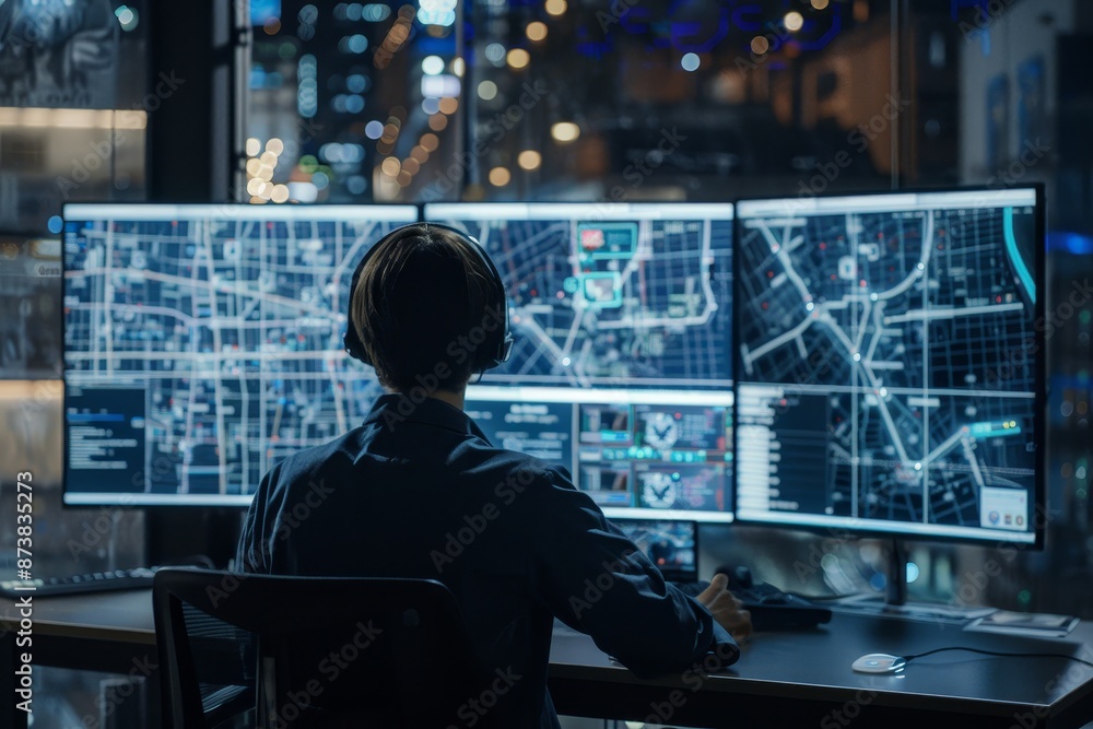 Poster a man is seated at a desk, focused on two computer monitors displaying information and data, an inno