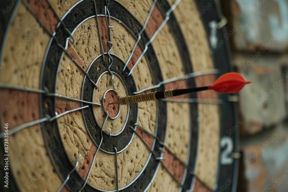 Poster closeup image showcasing a dart hitting the bullseye on a classic dartboard, symbolizing accuracy an