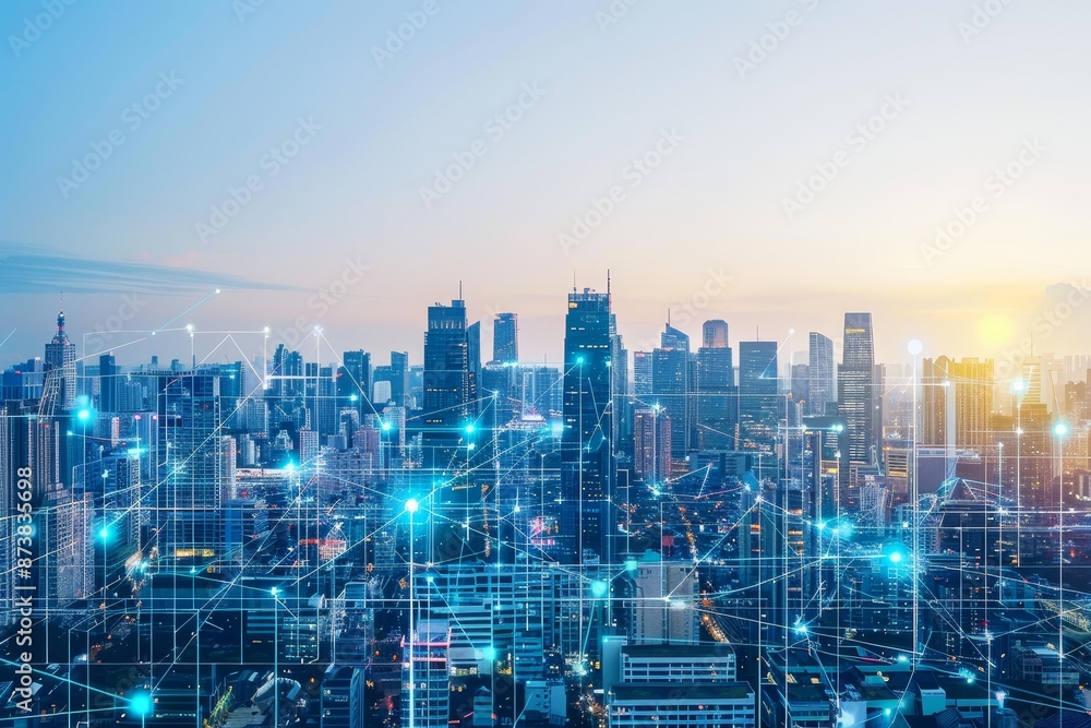 Poster view of a cityscape with a complex network of interconnected lines and structures, an intelligent co
