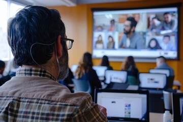 A man focused on watching a video on a large screen in a room, An instructor hosting a live lecture on a computer screen