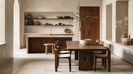 A Modern Minimalist dining room features clean lines, neutral tones, and minimal decor, prioritizing functionality and simplicity. Sleek furniture and subtle accents complete the serene aesthetic.
