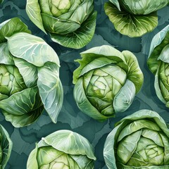 watercolor Cabbages on vintage teal background, seamless repeating pattern, minimal pattern