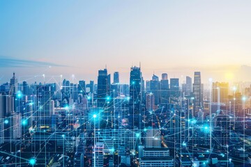 View of a cityscape with a complex network of interconnected lines and structures, An intelligent control hub, leveraging data-driven insights to enhance urban sustainability and resilience