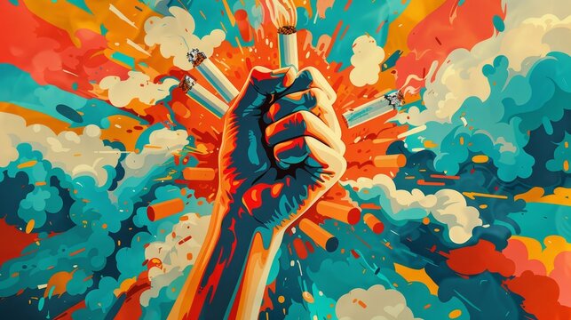 Vibrant campaign poster showing a hand crushing a cigarette pack, surrounded by supportive slogans and images of healthy living, promoting cessation efforts