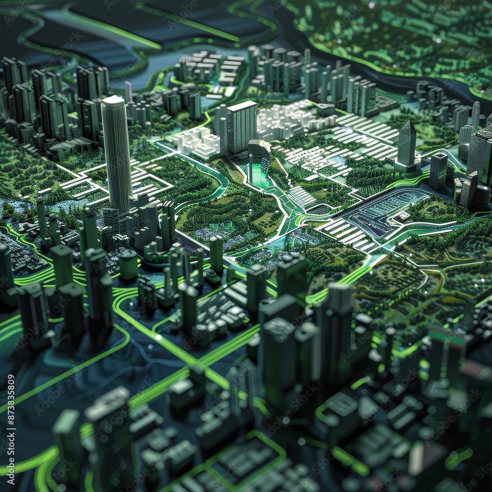 Poster model city with numerous buildings, an intelligent control hub, leveraging data-driven insights to e