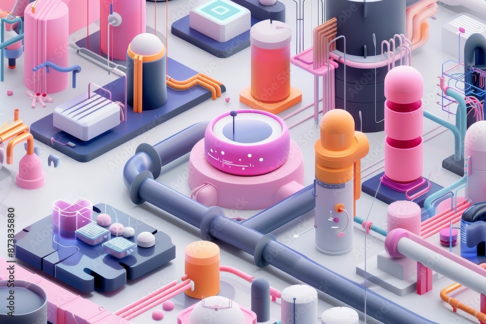 Poster a computer-generated visualization of a factory featuring numerous pipes and tanks in intricate desi