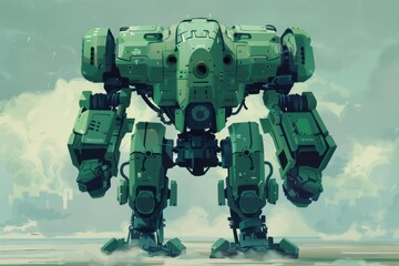 Green Mechanical Giant in a Cloudy Landscape