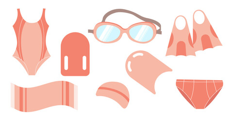 Set of swim sport equipment, towel, swimsuit, goggles and flippers