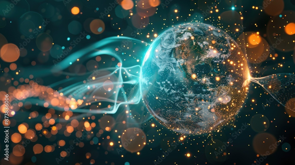 Poster abstract 3d planet illustration and visualization of global network connections.