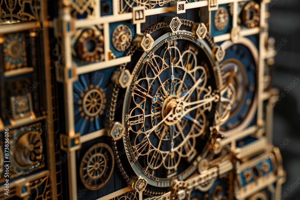 Poster detailed close up of a clock hanging on a wall, showing time and intricate design, an intricate and 