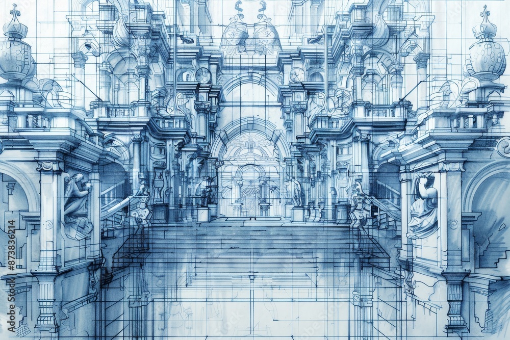 Poster blueprint design of a building showcasing intricate architectural details and statues, an intricate 