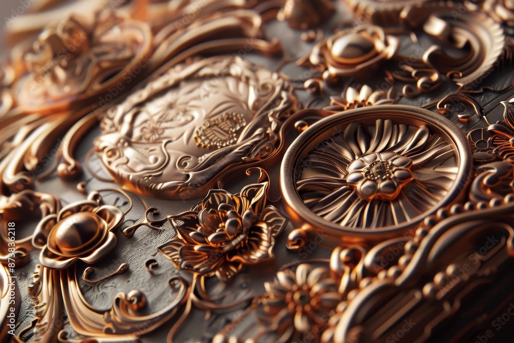 Poster a detailed view of a metal object showcasing intricate design and texture, an intricate and detailed