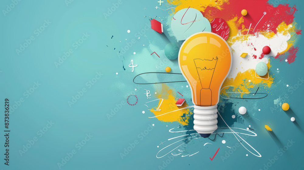 Poster think innovatively : a brightly lit lightbulb surrounded by colorful splashes and abstract shapes sy