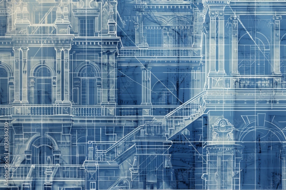 Poster blueprint showcasing detailed design of a building with stairs in an architectural plan, an intricat
