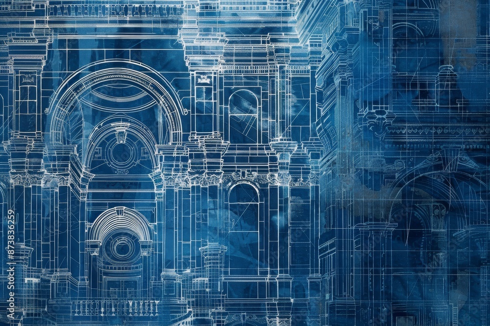 Poster blueprint showcasing architectural design of building with intricate arches, an intricate blueprint 