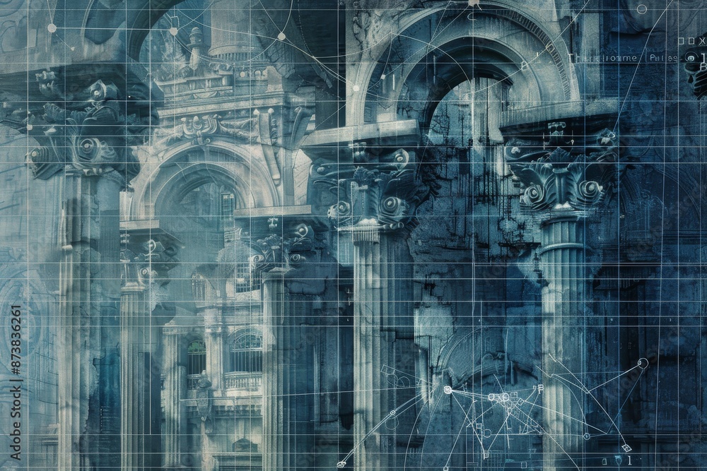 Poster a digital painting showcasing a building with intricate columns and arched doorways, an intricate bl