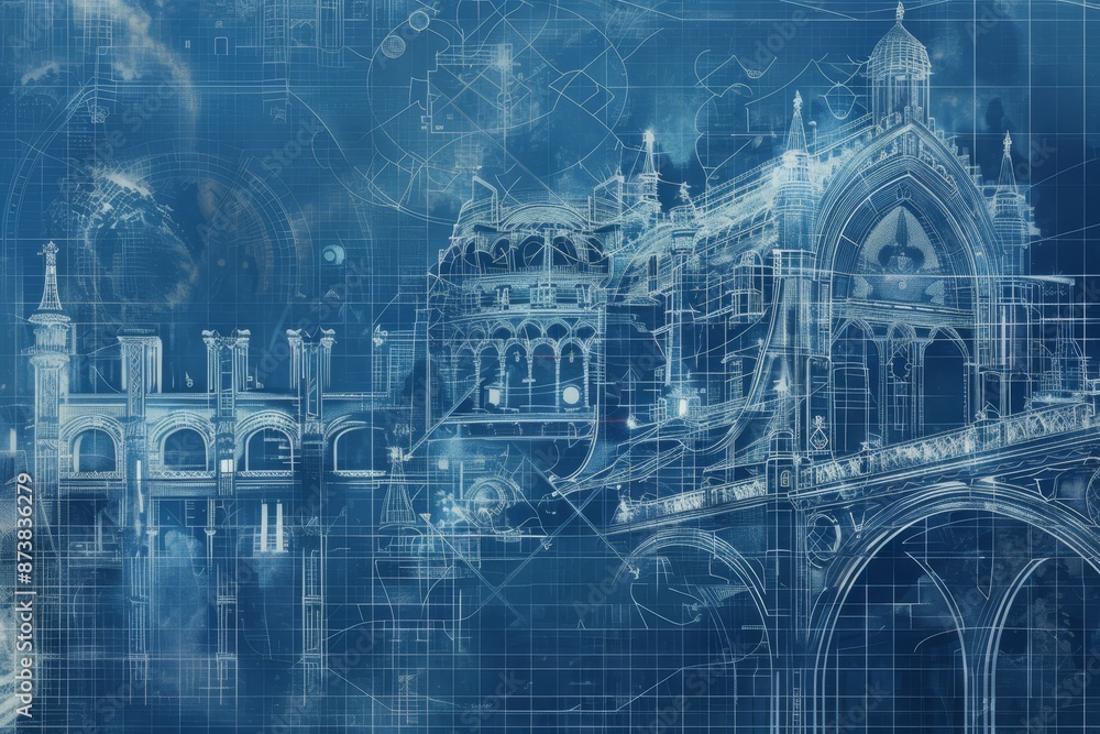 Poster blueprint showing intricate design details of a building with a clock tower, an intricate blueprint 
