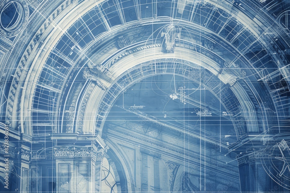 Poster intricate blueprint showcasing a building design with a prominent clock on it, an intricate blueprin