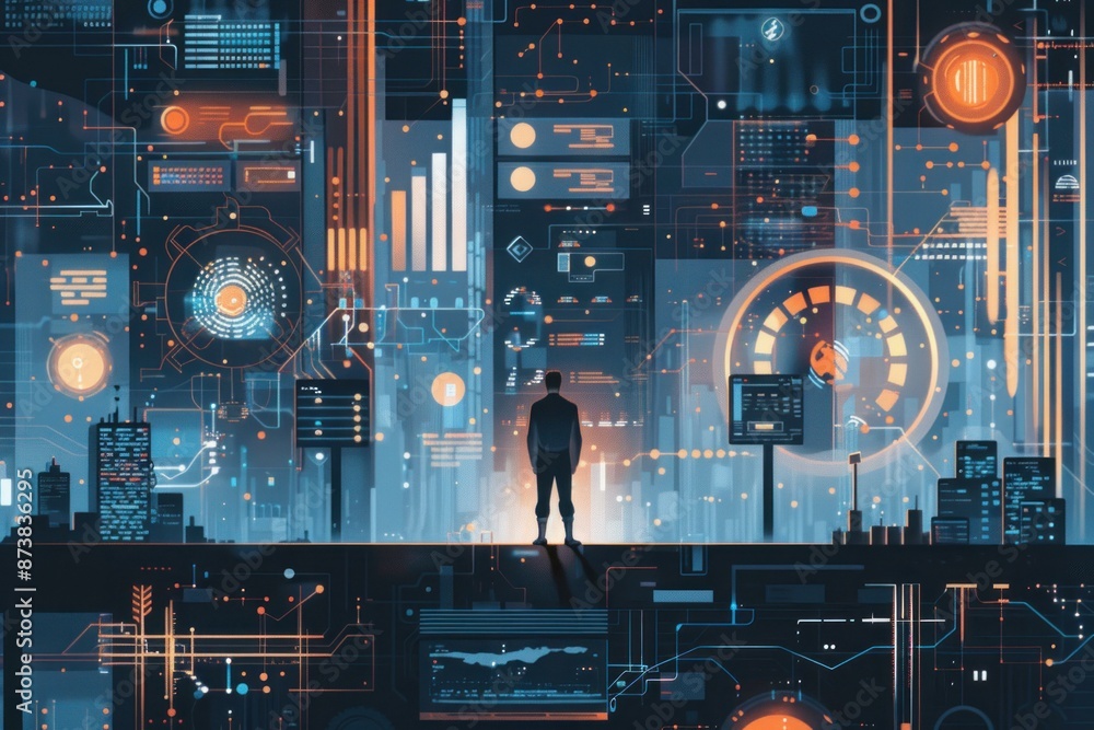 Aufkleber person stands before a complex futuristic digital interface with glowing data and charts