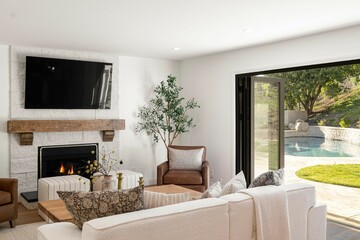 Modern living room with fireplace, TV, and open sliding door leading to a pool in a backyard